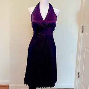 Halter Neck Cocktail Dress in Deep Purple Satin with Pleated Skirt